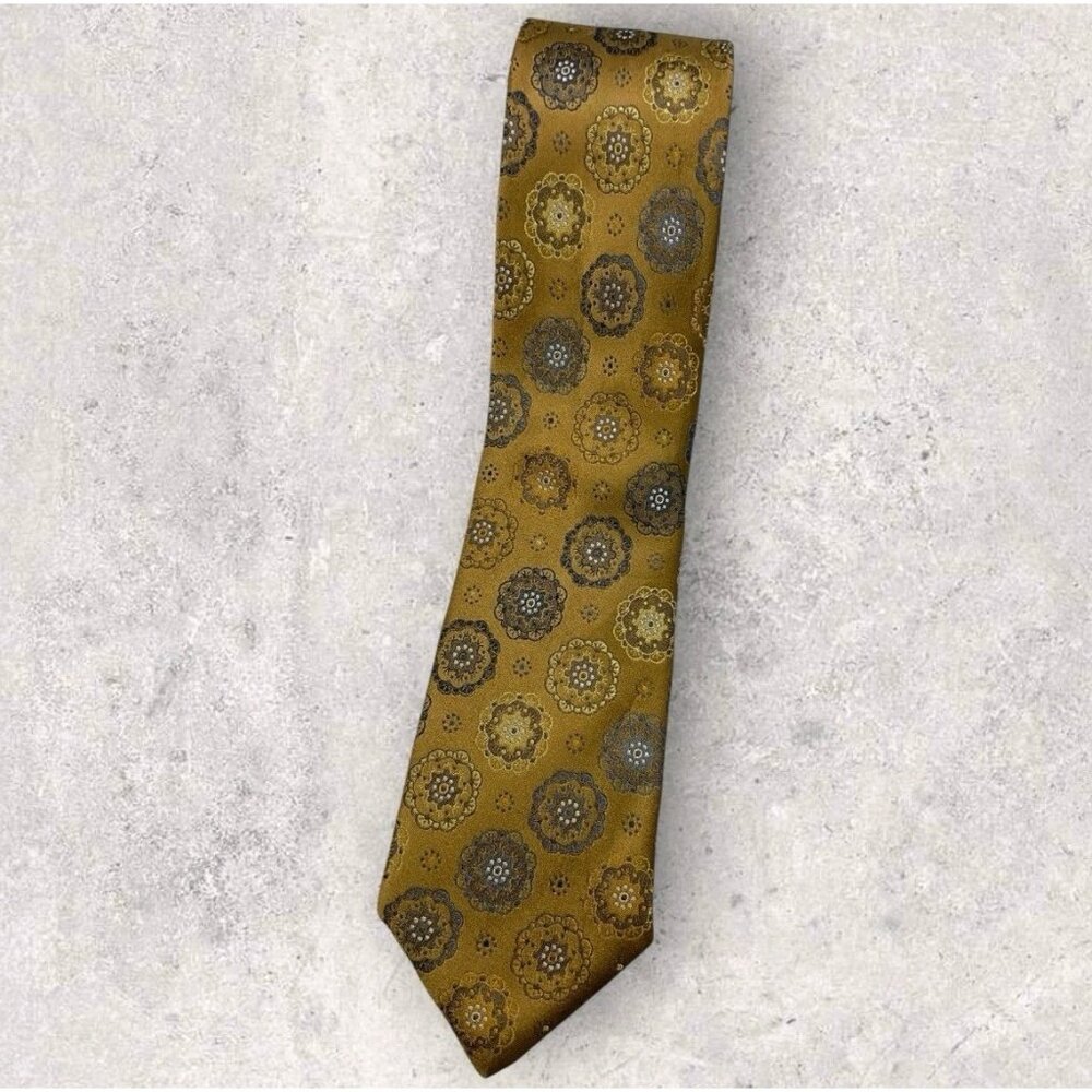MAYBACH Silk Tie Changing Gold Brown Blue Floral W:3.1" EUC
